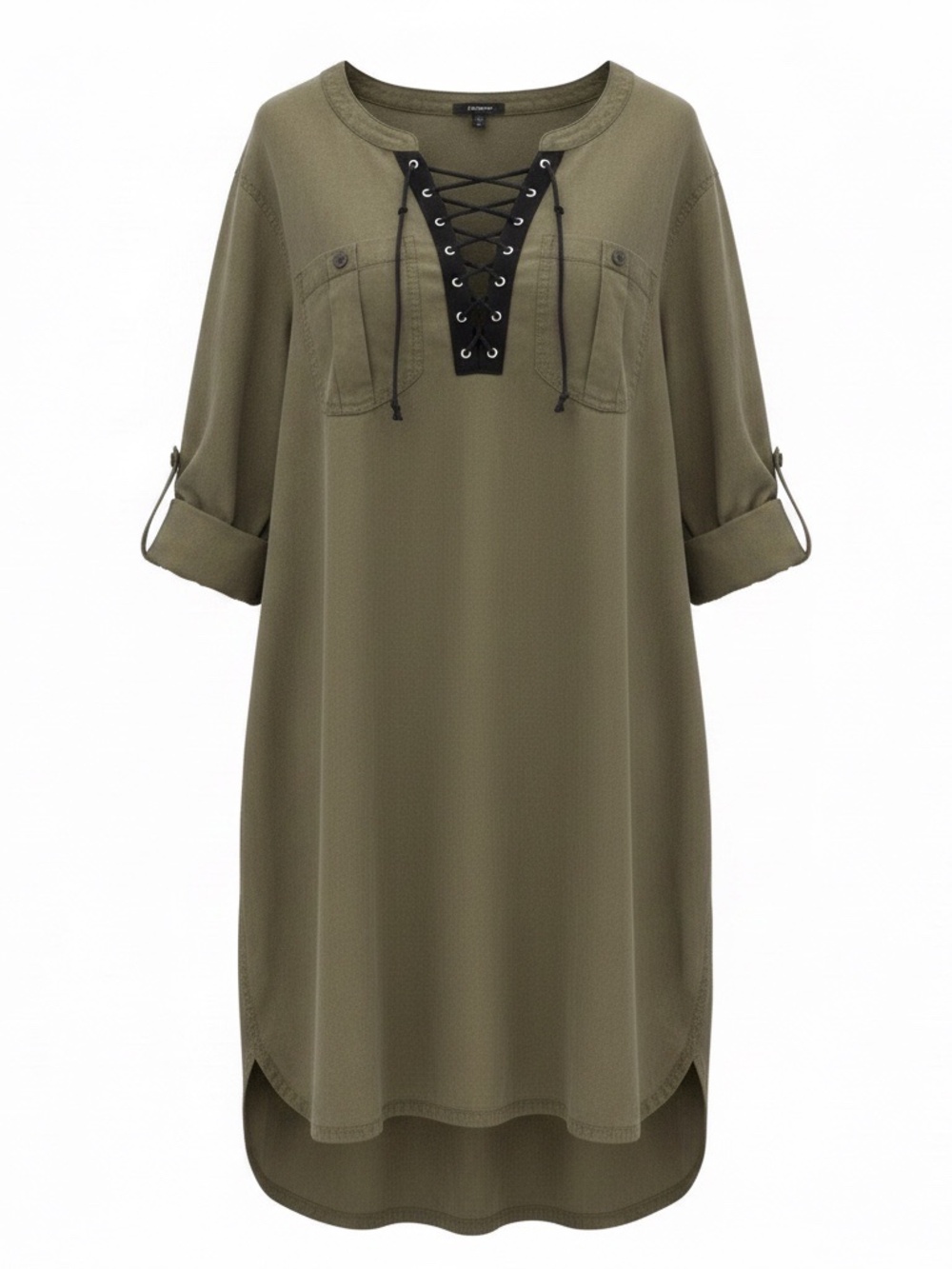 Express Chambray Olive Lace-Up Neck Roll-Tab Sleeve Shirt/Dress 2 Pockets M